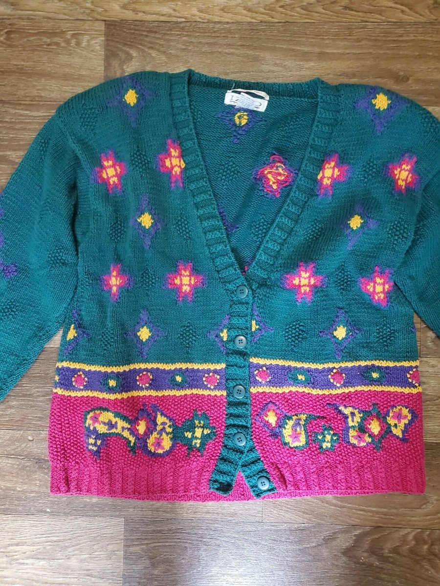 Vintage Izod Hand Knitted Cardigan/Sweater Aztec And Paisley