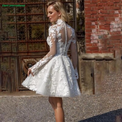 long sleeve lace and tulle wedding dress Tulle A-line V-neck Long Sleeve Lace Wedding Dresses with Train Prom  Dress,MW483 main image 1