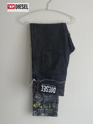 Diesel Men L Denim Pants Damaged Jeans Skinny Embroidery Black