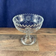 Vintage Etched Glass Footed Compote Candy Fruit Bowl Flowers 5.5"Dia x 5.5"H