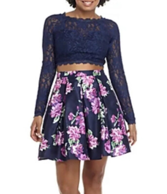 Size 24 Navy Floral Long Sleeve Pc Prom Homecoming Cocktail