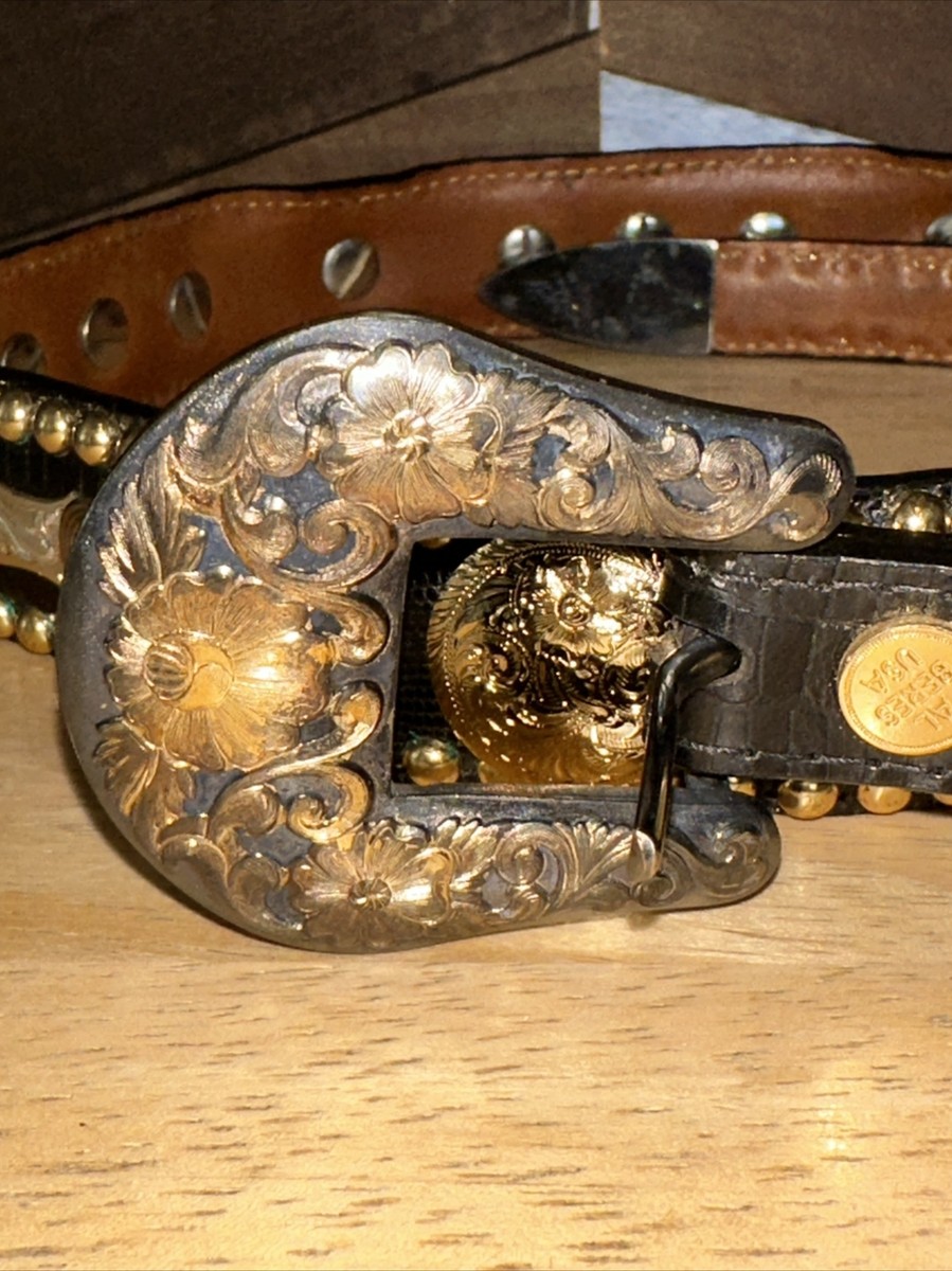 AL BERES German Silver Genuine Leather Brown Western Belt 