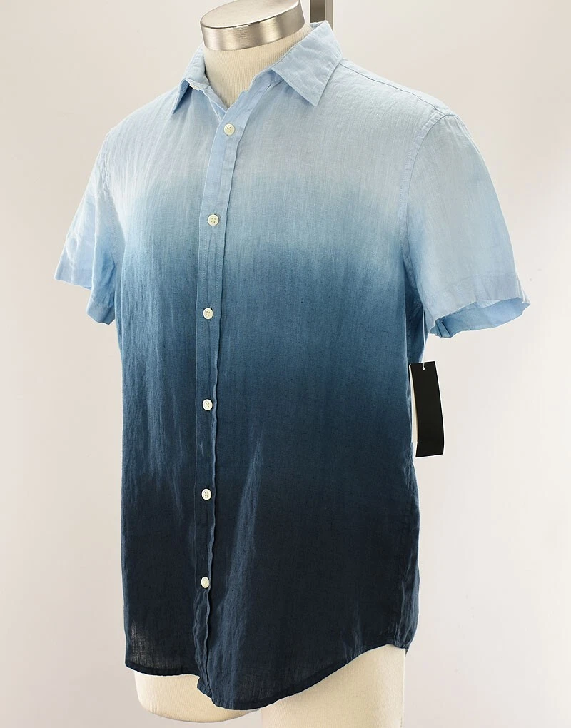 THE MENS STORE Blue Ombre Short Sleeve Buttonfront Linen Shirt SMALL NWT