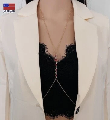 Fashion Women Body Chain Crossover Harness Red Round Circle Necklace Waist 1712 - Image 1 of 4