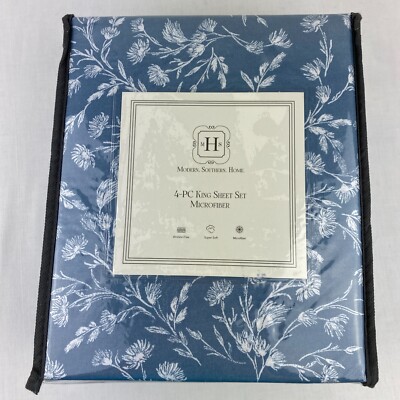 Modern Southern Home King Bed Sheet Set 4 Pc Blue Floral Microfiber B06