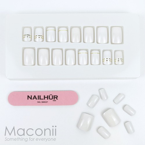 Press On Nails Square Cosmopolitan Chic Glossy White Metallic Gold Tips Set Kit - Picture 3 of 5
