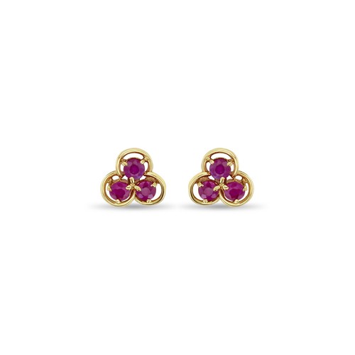 Three Stone Ruby Studs 14k Yellow Gold - Afbeelding 1 van 3