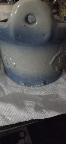 Antique Blue Stoneware Hanging Crock Salt Box With Embossed Flowers - Picture 3 of 10