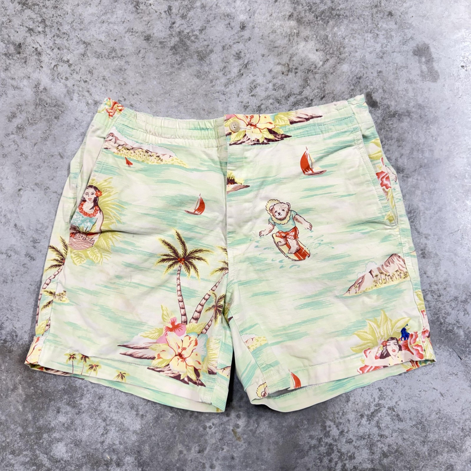 Polo Ralph Lauren Shorts Mens Small Green Polo Bear Hawaiian Stretch Chino