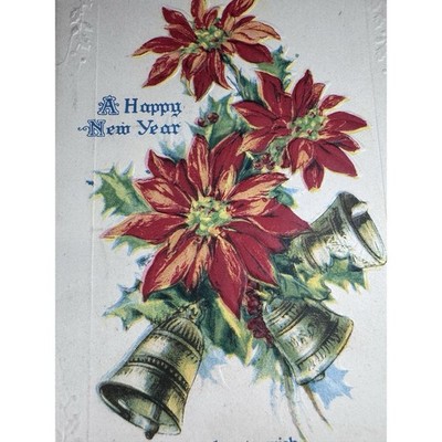 Antique Litho Postcard Edwardian 1909 Ephemera New Years Poinsettia Bells Posted