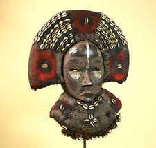 Vintage Dan African Tribal Mask Cowrie Shells Red Textile  Authentic Mask -G5998