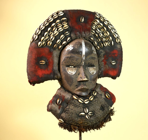 Vintage Dan African Tribal Mask Cowrie Shells Red Textile  Authentic Mask -G5998