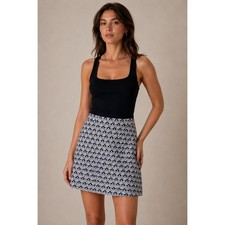 Talbots Women Navy White Geometric Fan Print A-Line Cotton Blend Skirt Size 8