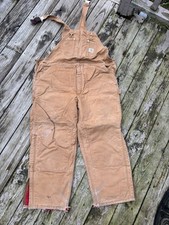 VTG Carhartt R02 BRN Brown Canvas Insulated Double Knee Bib Overalls Men's 46x30