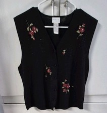 Vintage KORET Sweater Vest Knit Black Floral Embroidery Sequin Petite Medium