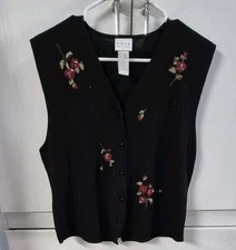 Vintage KORET Sweater Vest Knit Black Floral Embroidery Sequin Petite Medium