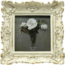 4X4 Vintage Small Picture Frame Antique Ornate White w/ Gold Square Photo Frame