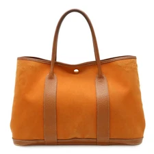 Hermes Garden Party Pm Tote Bag Canvas Leather Women Orange One Size