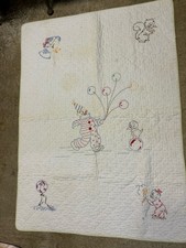 Vintage Child's Baby Quilt Blanket c1950 Hand Embroidered 44x32  Clown Animals