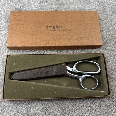 Fabric Scissors Gingher 8  Knife Edge Chrome Brazil Maroon Sheath Germany Left