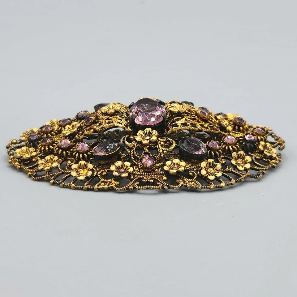Broche de filigrana floral de latón dorado vidrio púrpura amatista checo Art Nouveau Foto 4 de 4