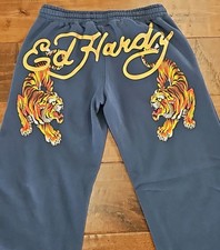 Ed Hardy Sweat Pants Blue Love Kills Slowly Tiger Graphic Joggers Size Large