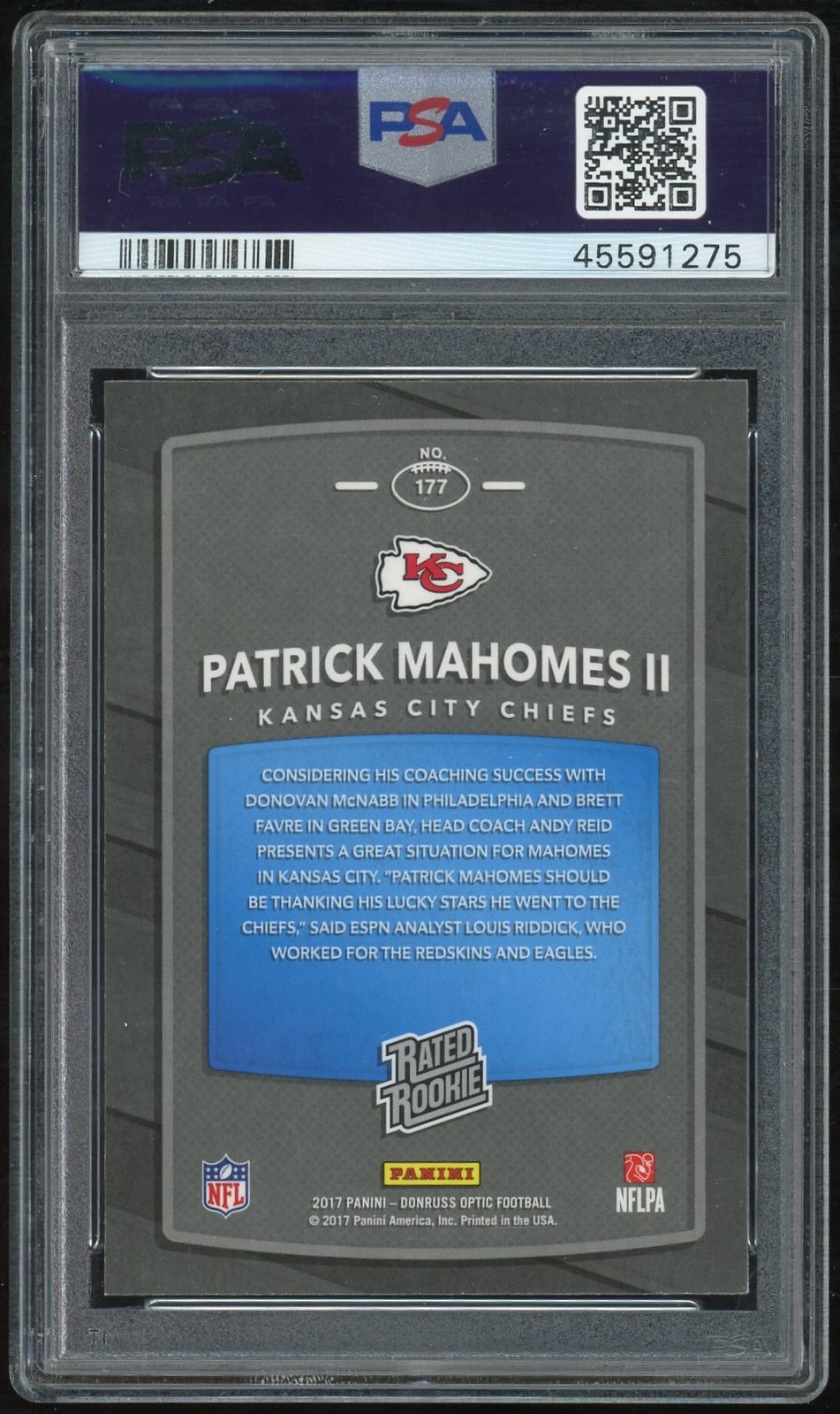 2017 Panini Donruss Optic #177 Patrick Mahomes Ii PSA 10 view 2