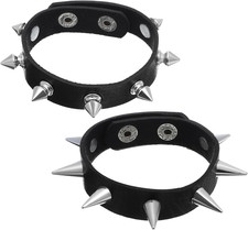 2Pcs Punk Rock Spike Bracelet, Adjustable Leather Studded Bracelet Black Emo Bra