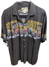 Vintage Paradise Found Shirt Mens Large Black Rayon Button Up Biker Tiki