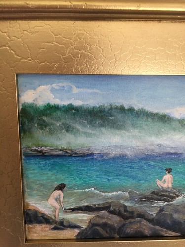 ORIG OIL PAINTING BY N NADZO FRAMED 14X16" MAINE HARBOR SUMMER BATHERS 8X10" - Picture 7 of 9