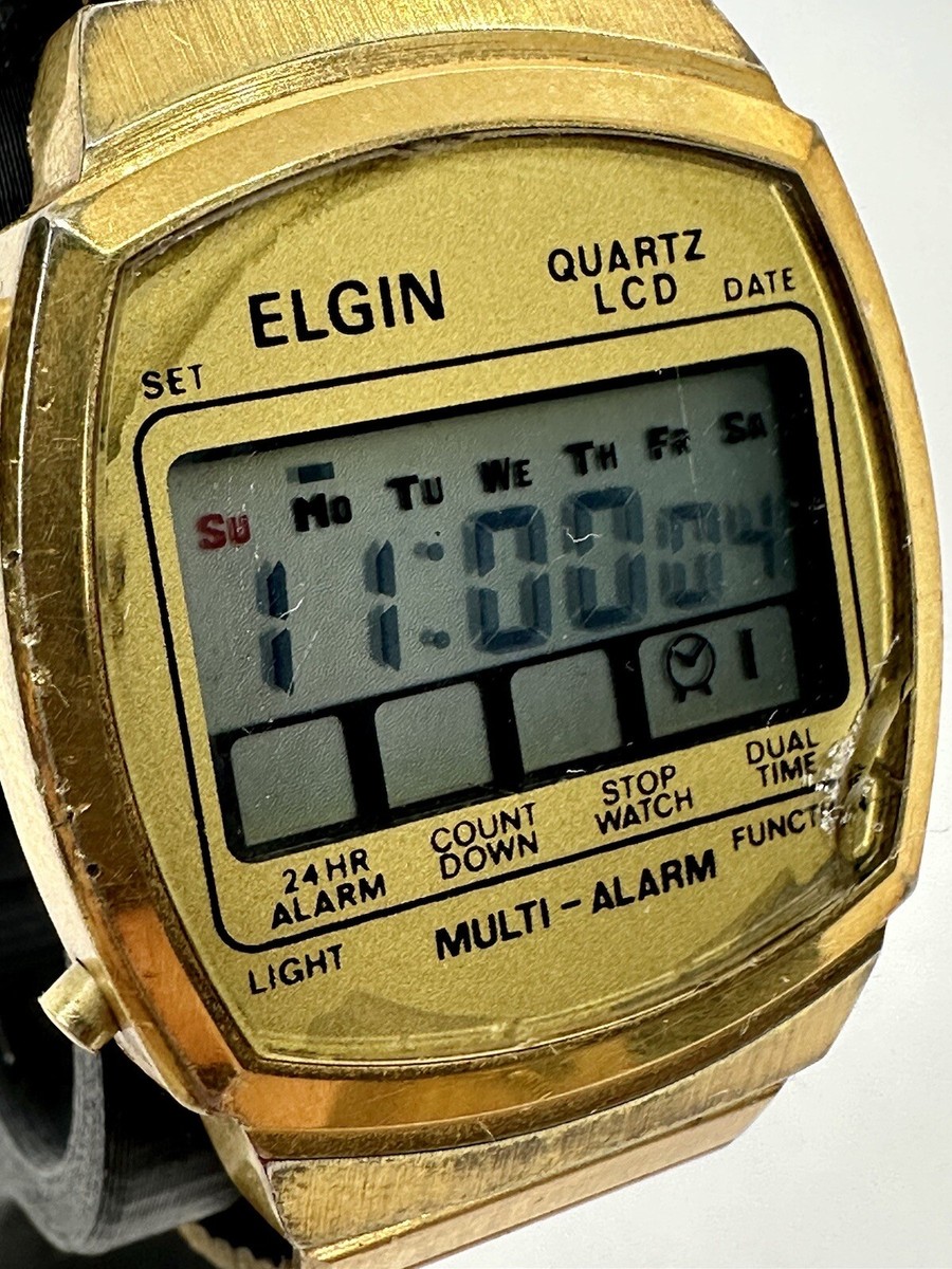 Working Rare Vintage Elgin LCD Watch Dk102-HC11 Gold Multi-Alarm