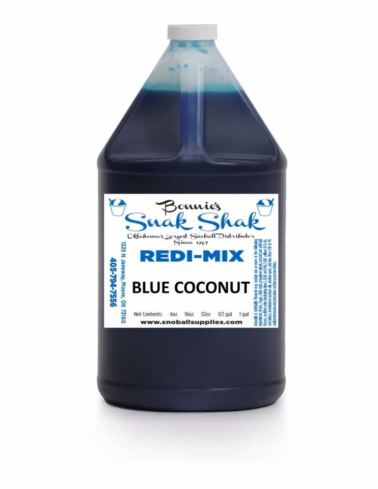 BONNIE'S SNAK SHAK Snow Cone Syrup BLUE COCONUT Flavor. 1 GALLON JUG Buy Direct Licensed MFG