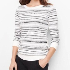 T by Talbots Sweater White Black Gray Striped Knit Pullover Long Sleeve Mp
