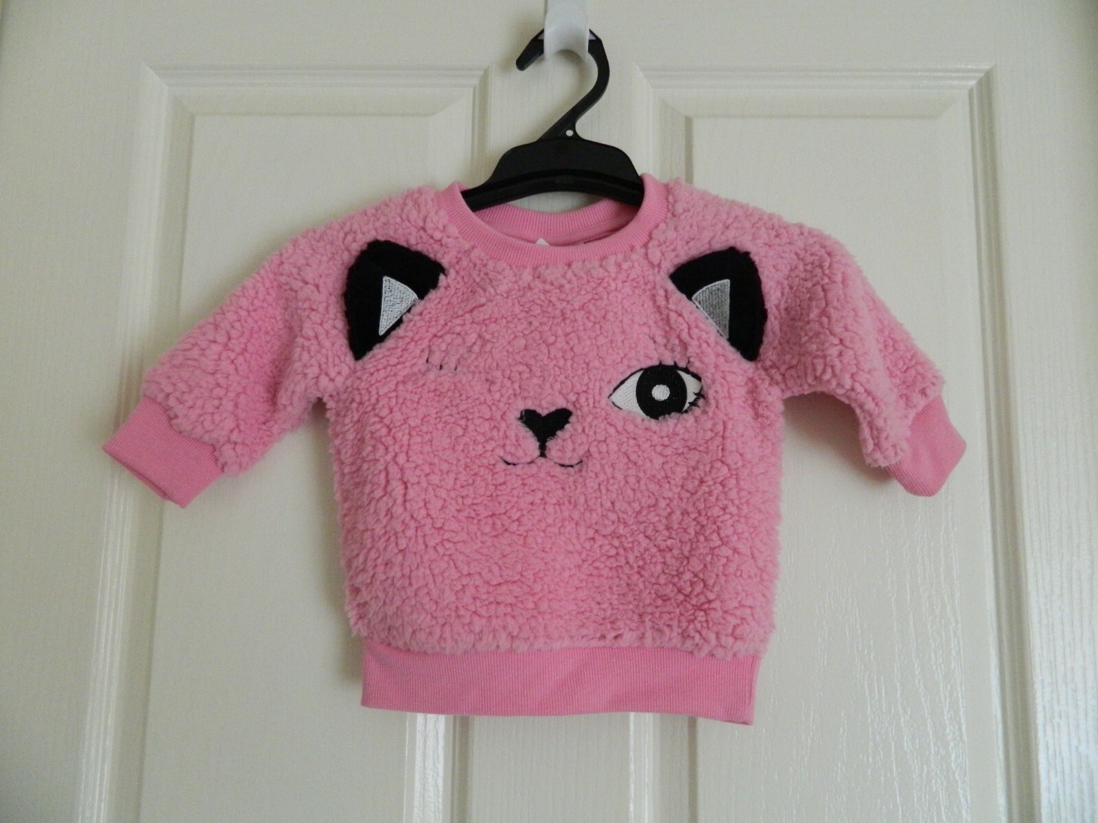 NEW BABY GIRL JUMPER MANGO Pink Plush Fluffy Long Sleeve Kitten Face Size 0
