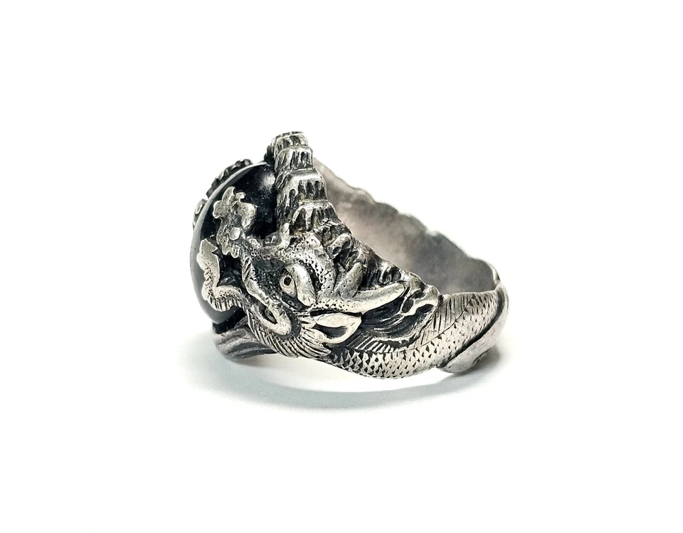Anillo Dragón De Colección Dragones Esterlina Jugando con Anillo Perla Ónix Talla 12 Foto 4 de 4