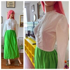 Vtg 60s Mod Lime Green Hostess Dress Victorian High Neck Prairie Revival S