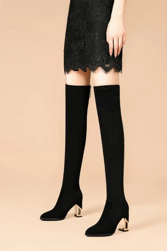 Overknee Socken Stiefel eckiger Absatz Schuhe Wildleder Damen spitz zulaufend hoher Absatz - Bild 24 von 25