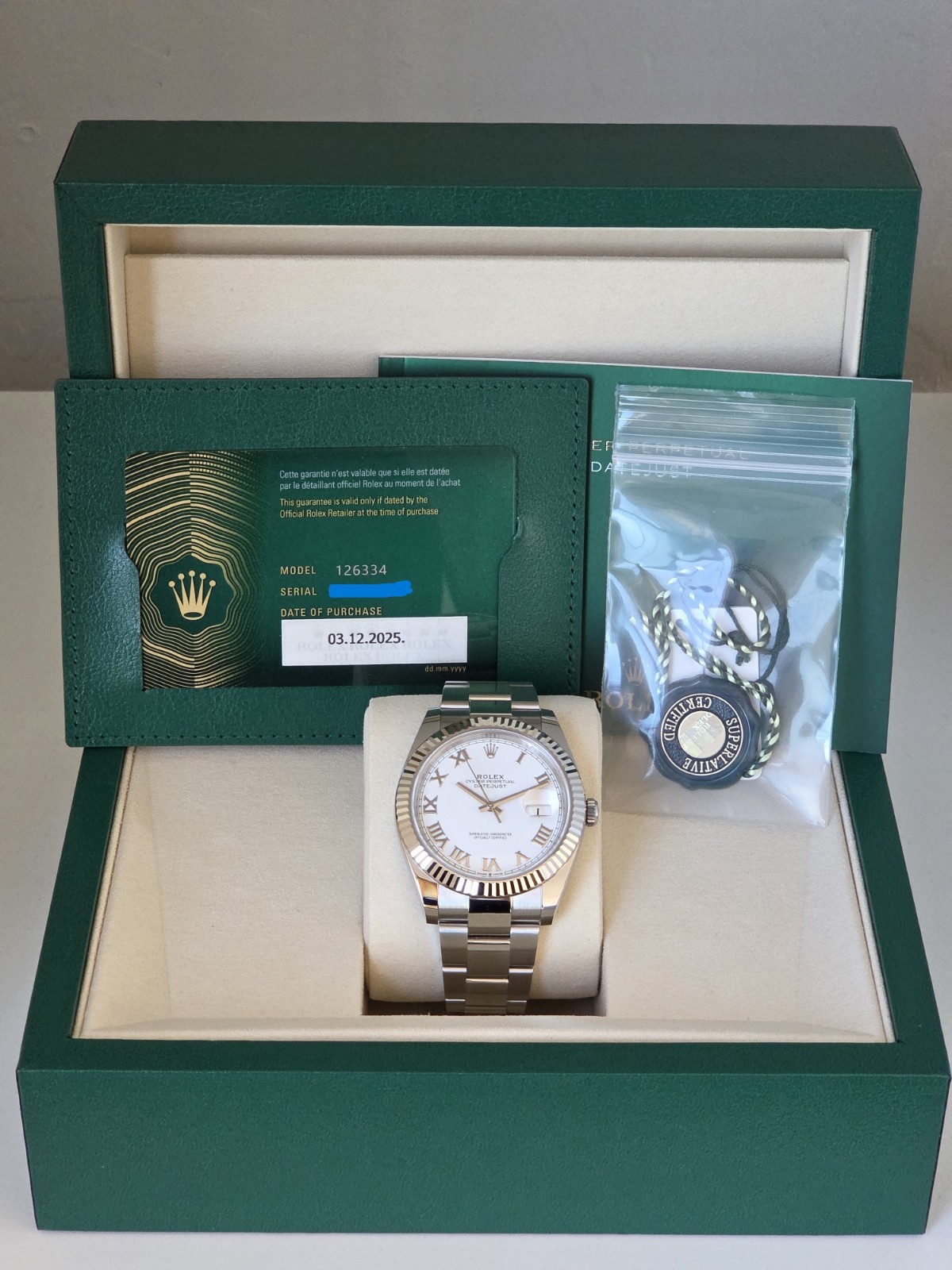 2025/12 Rolex Datejust 41mm 126334 Fluted Bezel White Roman Dial Oyster Bracelet