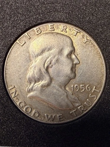 1956 No Mint Mark Franklin Half Dollar, 90% Silver, About Uncirculated Condition