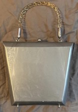 Vtg 1950's Gray Lucite Purse Twisted Clear Handle Chrome Accents Trapezoid Shape