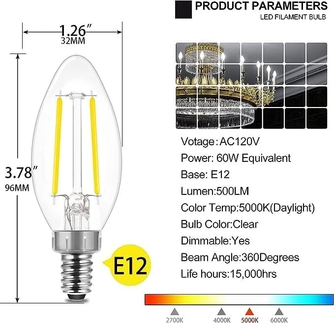 Elegant B10 Candle Shape Dimmable LED Bulbs, 24 Pack, Instant Brightness, E12 - Image 4 of 4