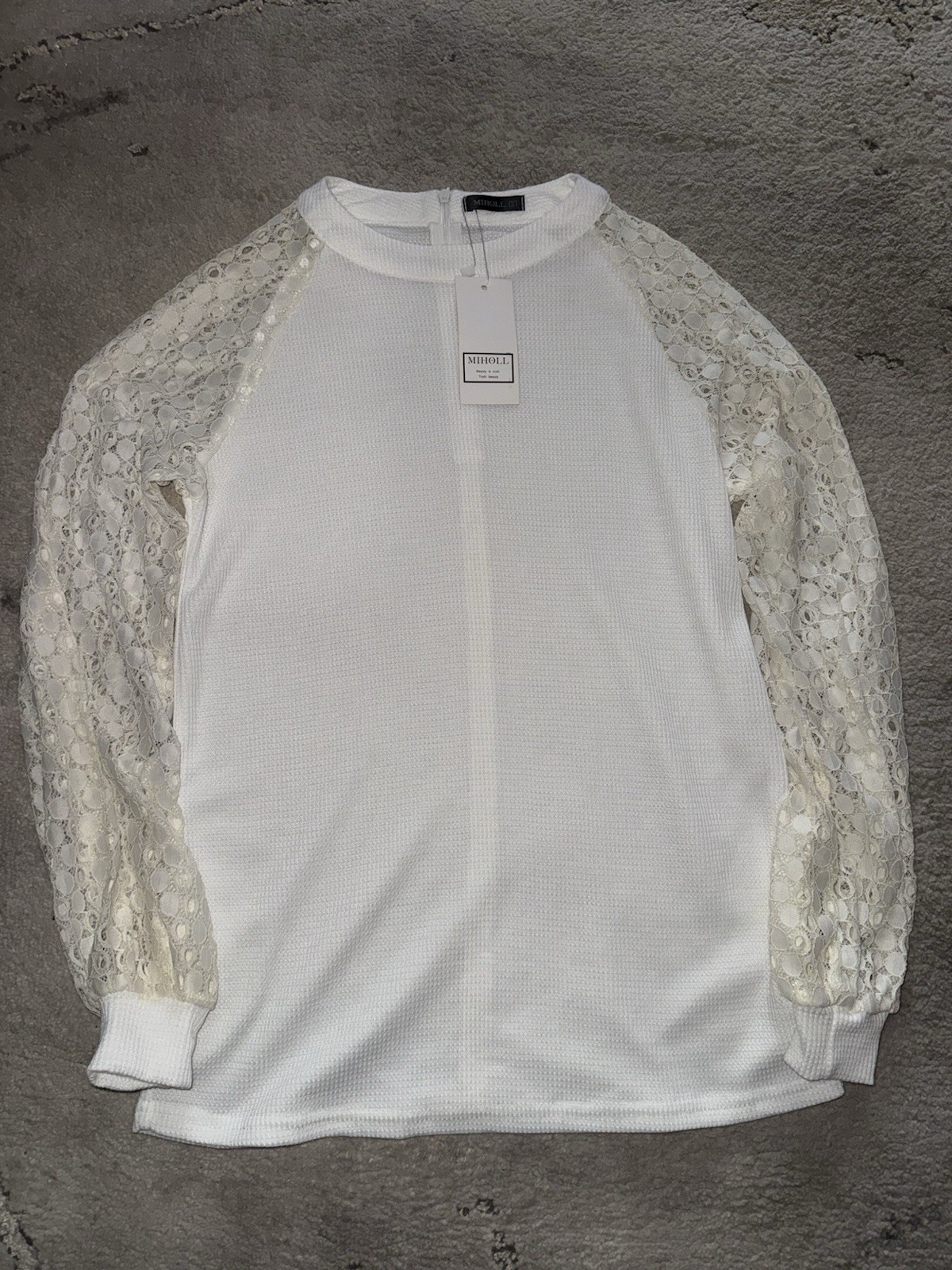 MIHOLL White Lace Sheer Round Neck Long Sleeve Zip Back Top Size S