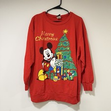VTG 80 s Disney Mickey Co Women s Christmas Tree Presents Sweatshirt Red 1XL