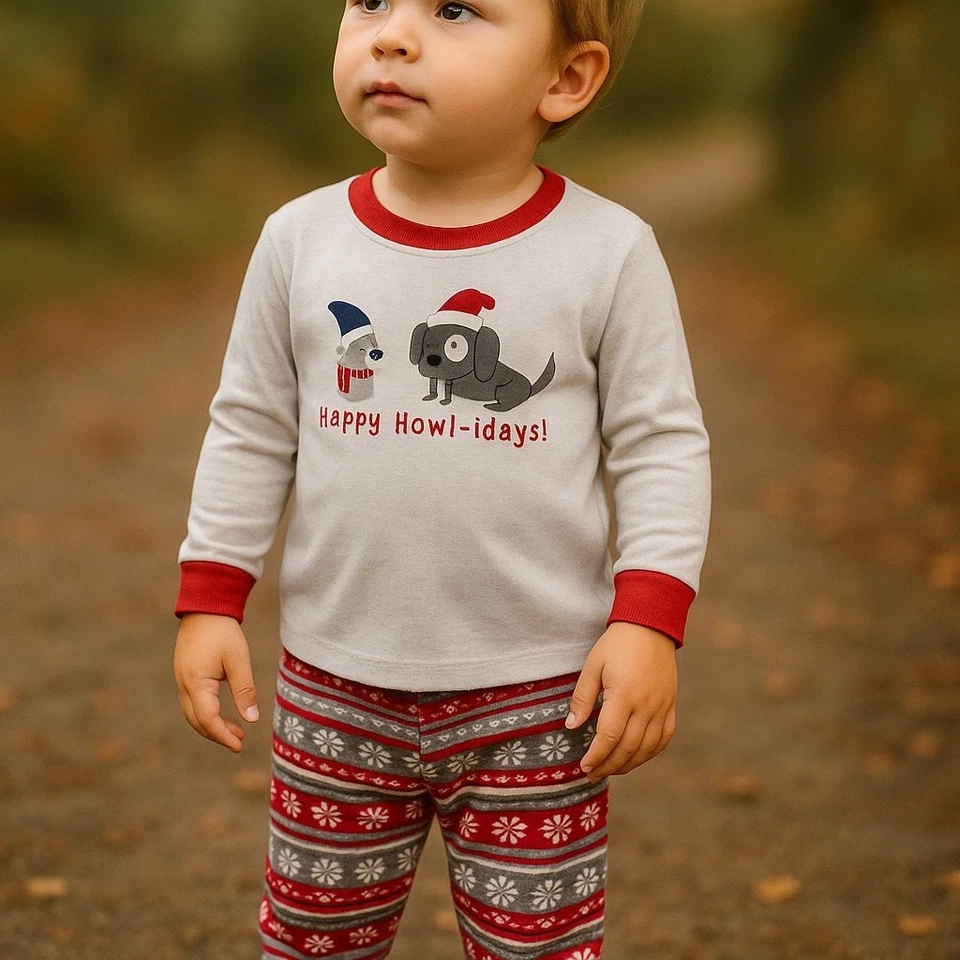 Gymboree Unisex Pajamas Sz 4 Gymmies Howl-idays 2 Pc Red Gray White Dogs - Image 2 of 4