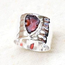 Hammered Silver Ring Wide Band Silver Ring Natural Raw Garnet Birthstone-RR265