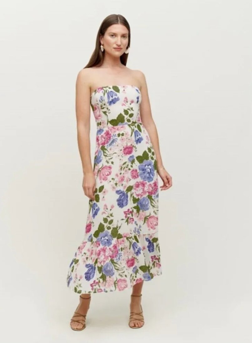 Reformation Arta Dress 12 Donna Floral Strapless Midi Smocked Back Viscose
