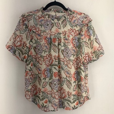 Victorian Cottagecore Womens Small Floral Flutter Short Sleeve Ruffle Neck Top