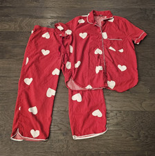 LOFT Women Scattered Heart Red Pajamas Set S/S Top Crop Valentine's PJ's Sleep L