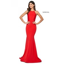 Sherri Hill 53663 Red Halter Jersey Open Back Ruched Gown Dress Size 6