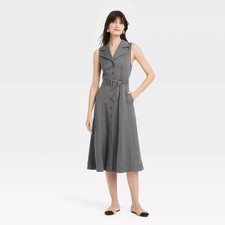 Tie Waist Midi Grey Shirt Dress Classy Size XXL 2XL Belted Button Front Career